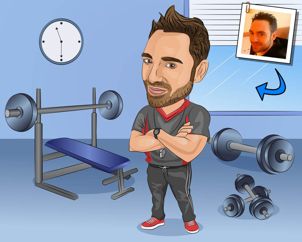 Fitnesstrainer Karikatur, Karikatur Fitness