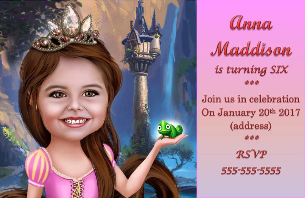 Custom Rapunzel Birthday Invitation card drawn from photo / Tangled Invitation / Tangled Birthday / Rapunzel Party / Tangled Party Invite