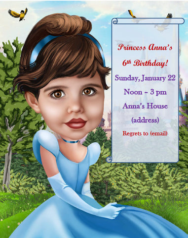 Cinderella Invitation - custom cartoon invitation card drawn from photo / Cinderella Invite personalized / Princess Cinderella Birthday Card