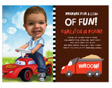 Boy birthday invite / Boy's birthday custom cartoon invitation card / boy cartoon card / boy caricature invites /boy caricature in a car