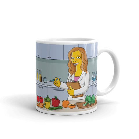 Dietitian specialist or nutritionist coffee mug with portrait as yellow cartoon character, dietitian mug, dietician mug, nutritionist mug