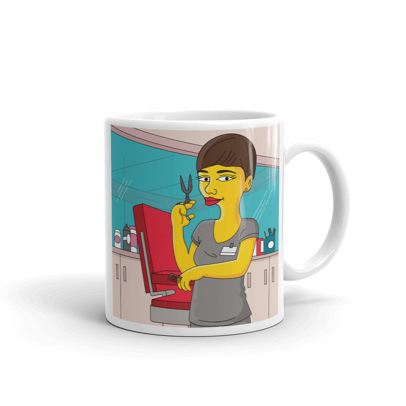 Hairdresser coffee mug with custom portrait as yellow cartoon character, Hairdresser mug, Hairstylist mug, beautician mug, Hair stylist mug