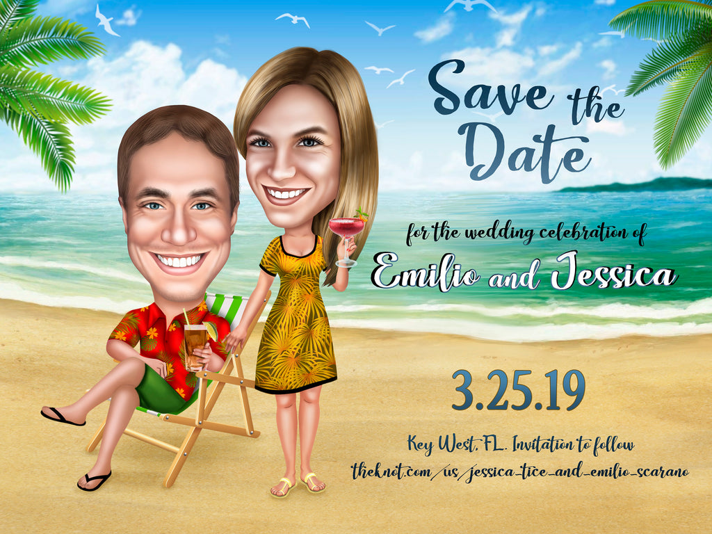 Save The Date Beach CARICATURE card / Save The Date Destination Wedding / Destination Save The Date / Tropical Save The Date